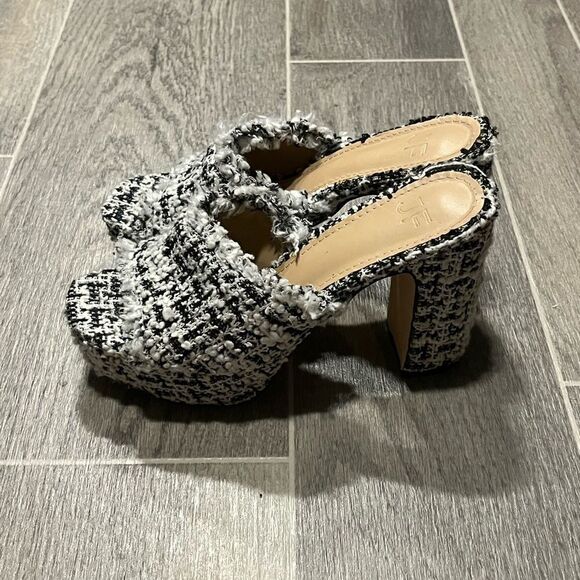 Women's JF London Black & White Tweed Open Toe Platform Heather Throwback Heels - Picture 6 of 9